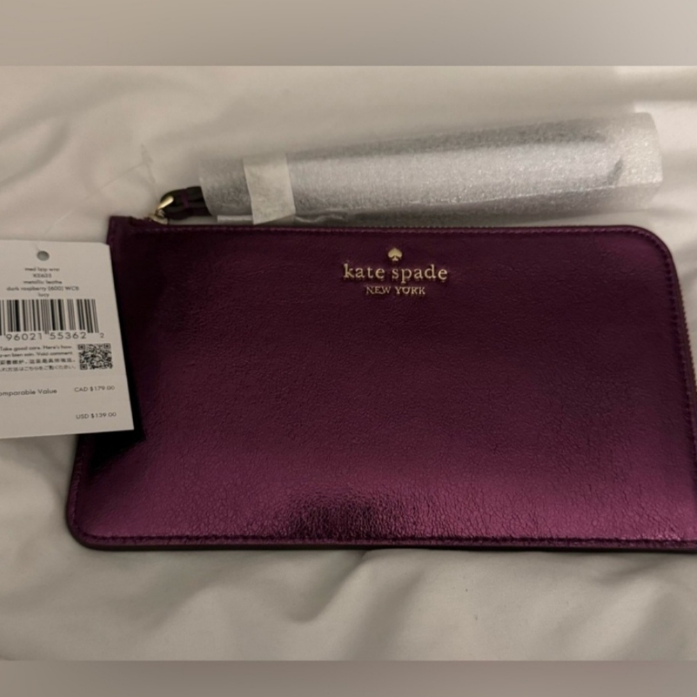 Kate Spade Lucy Metallic Medium L-zip Wristlet Dark Raspberry, back slip pocket